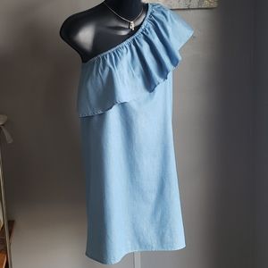 Love Fire One Shoulder Ruffle Chambray Dress